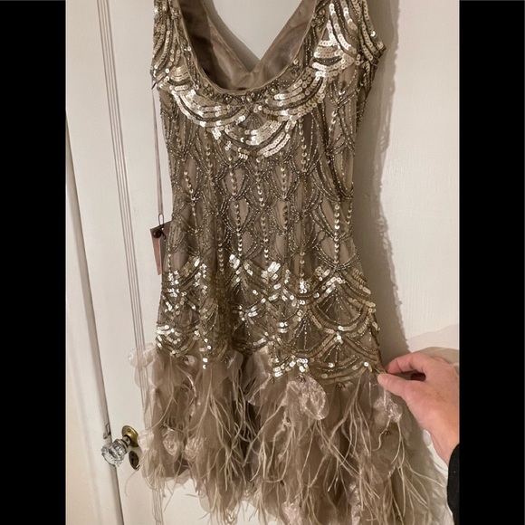 Sue Wong Nocturne Flapper Embellished Cocktail Dress NWT. Sz 0, Gold and beige. - Picture 6 of 13